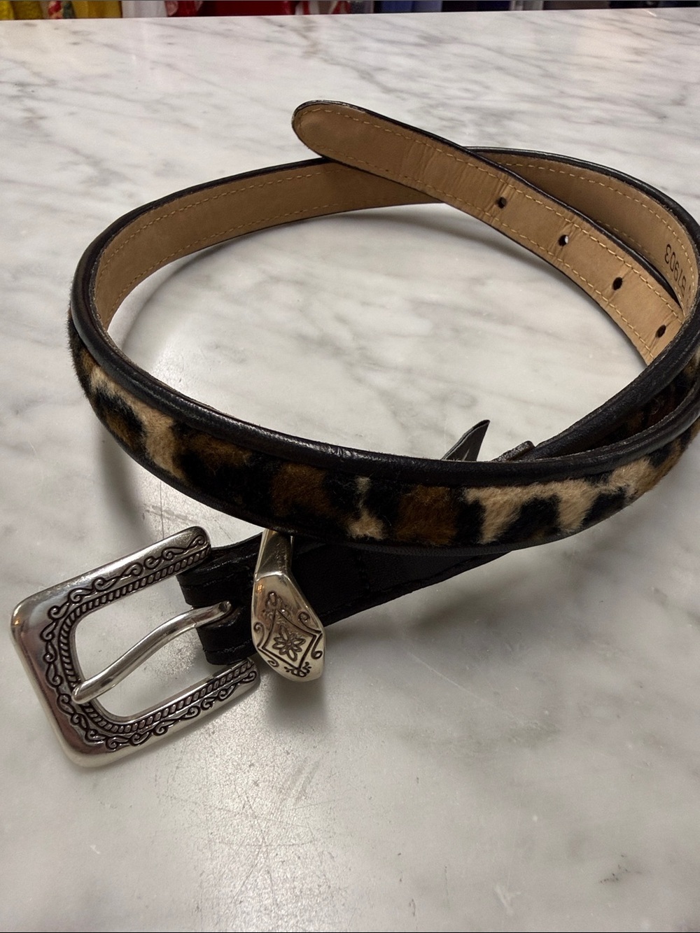 Brighton Leopard Pony Hair and Silver Brass Belt Size Small